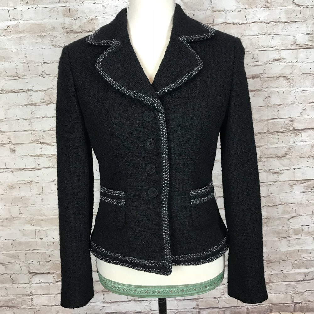 Ann Taylor black tweed blazer with white trim